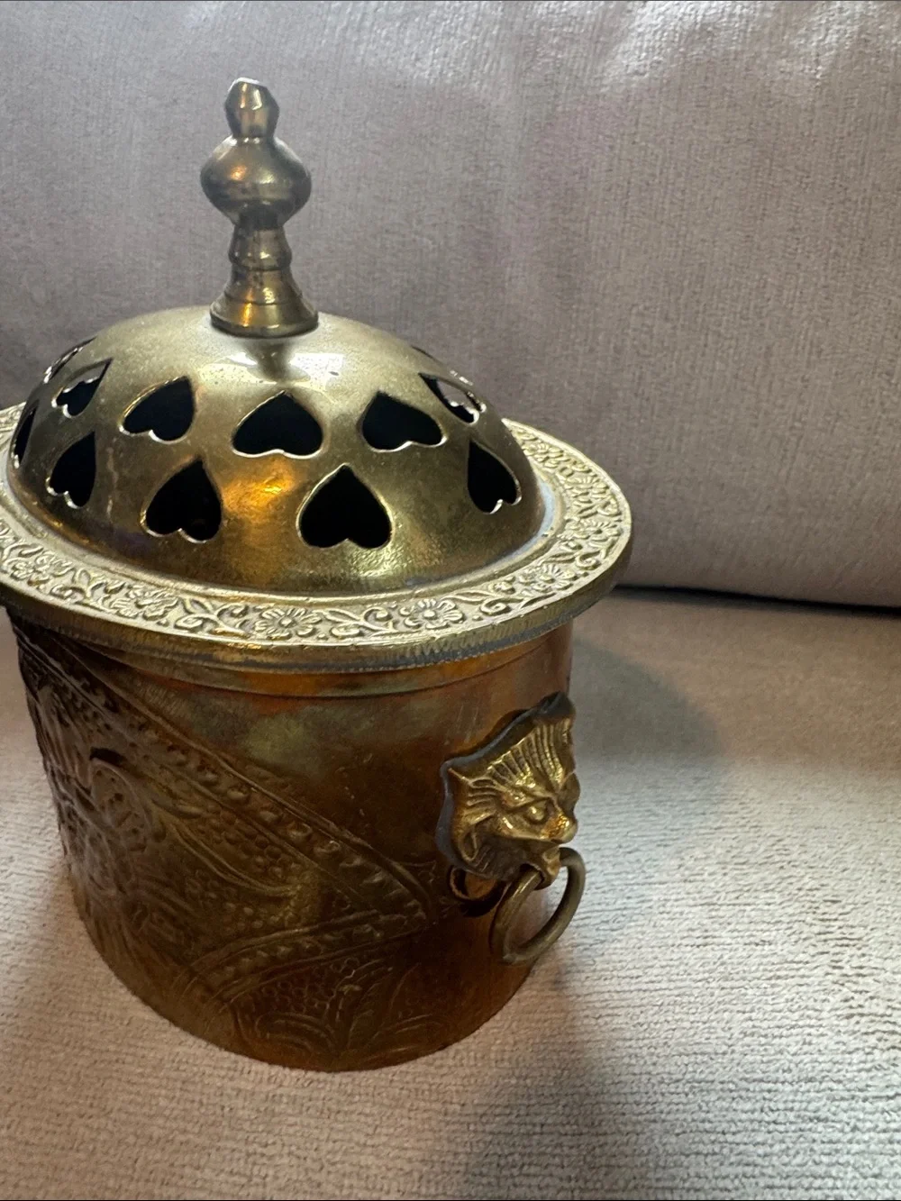 Vintage Gold Heart Cutout Brass Lantern with Lion-Head Ring